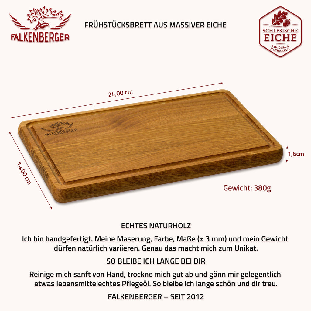 FALKENBERGER Frühstücksbrettchen 2er Set massive Eiche, 24 × 14 × 1,6 cm Handgefertigt