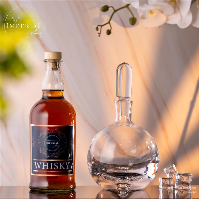 IMPERIAL Karafka na likier z kryształowego szkła 600 ml, kulista karafka na alkohol ze szklanym korkiem i pęcherzykiem powietrza w dnie, ręcznie wykonana „Lizbona”