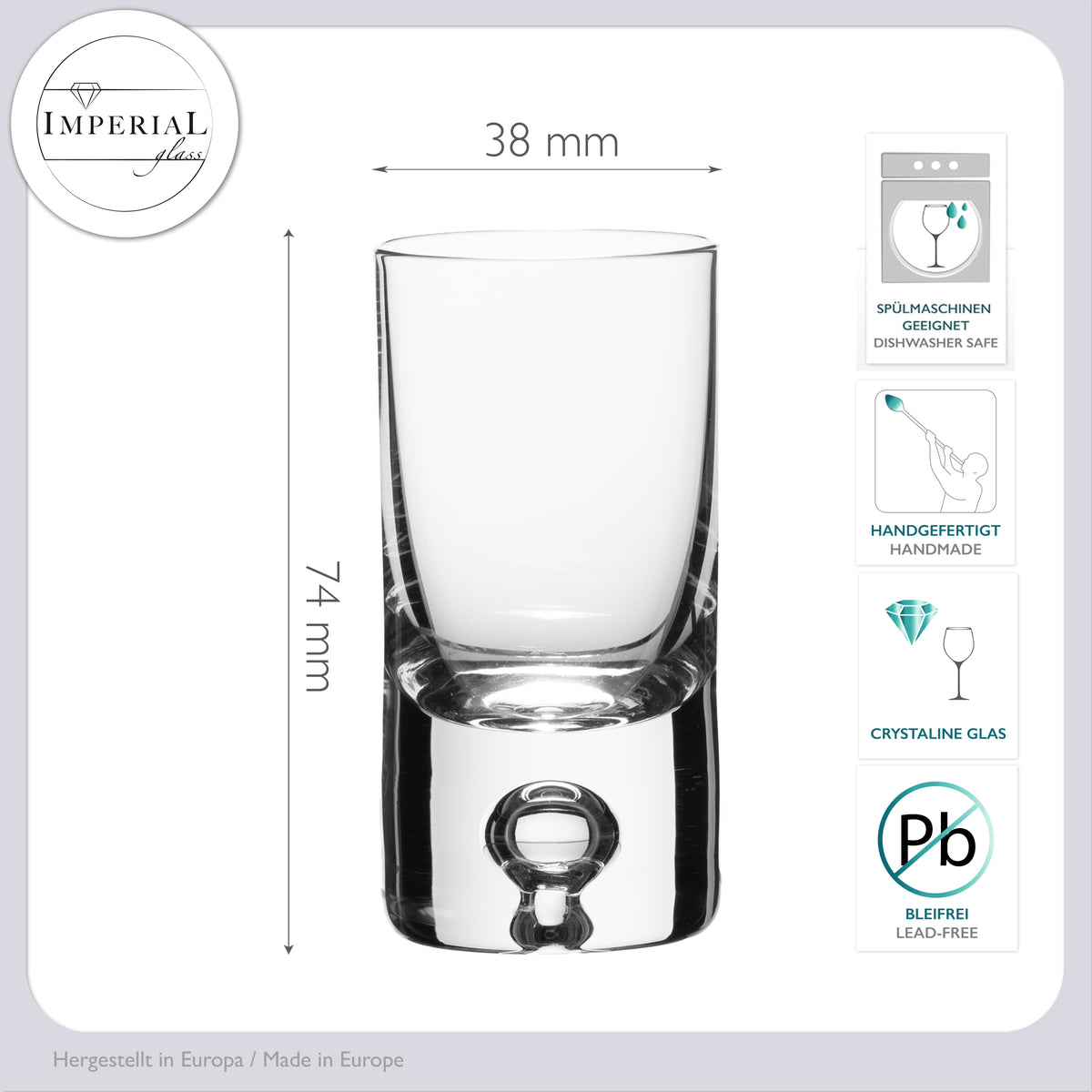 IMPERIAL Shotgläser 6er Set - Schnapsgläser aus Crystalline Glas 30ml mit Luftblase im Boden Handmade "Lissabon"