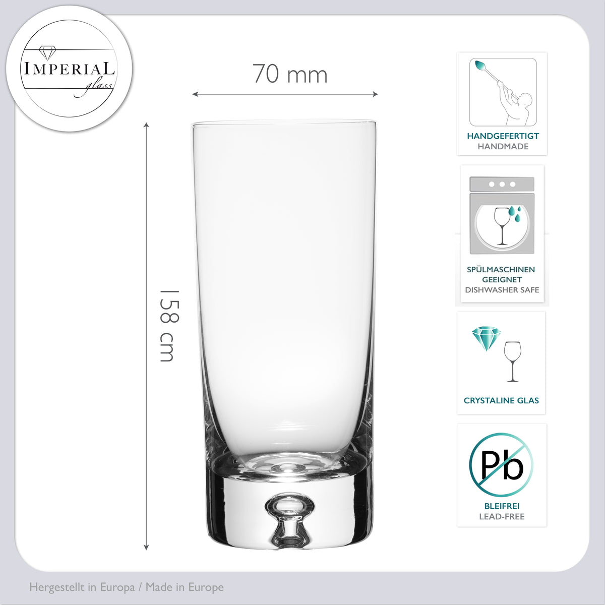 IMPERIAL Longdrinkgläser 370ml 6er Set Trinkgläser aus Crystalline Glas Serie "Lissabon" mit Luftblase im Boden Handmade