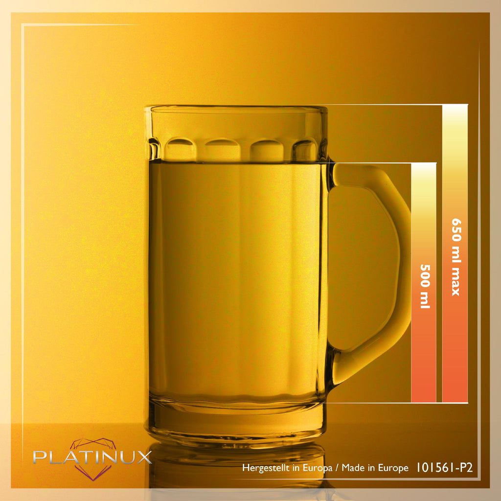 PLATINUX Szklany kufel do piwa z uchem, zestaw 2 sztuk, 500ml (maks. 650ml)