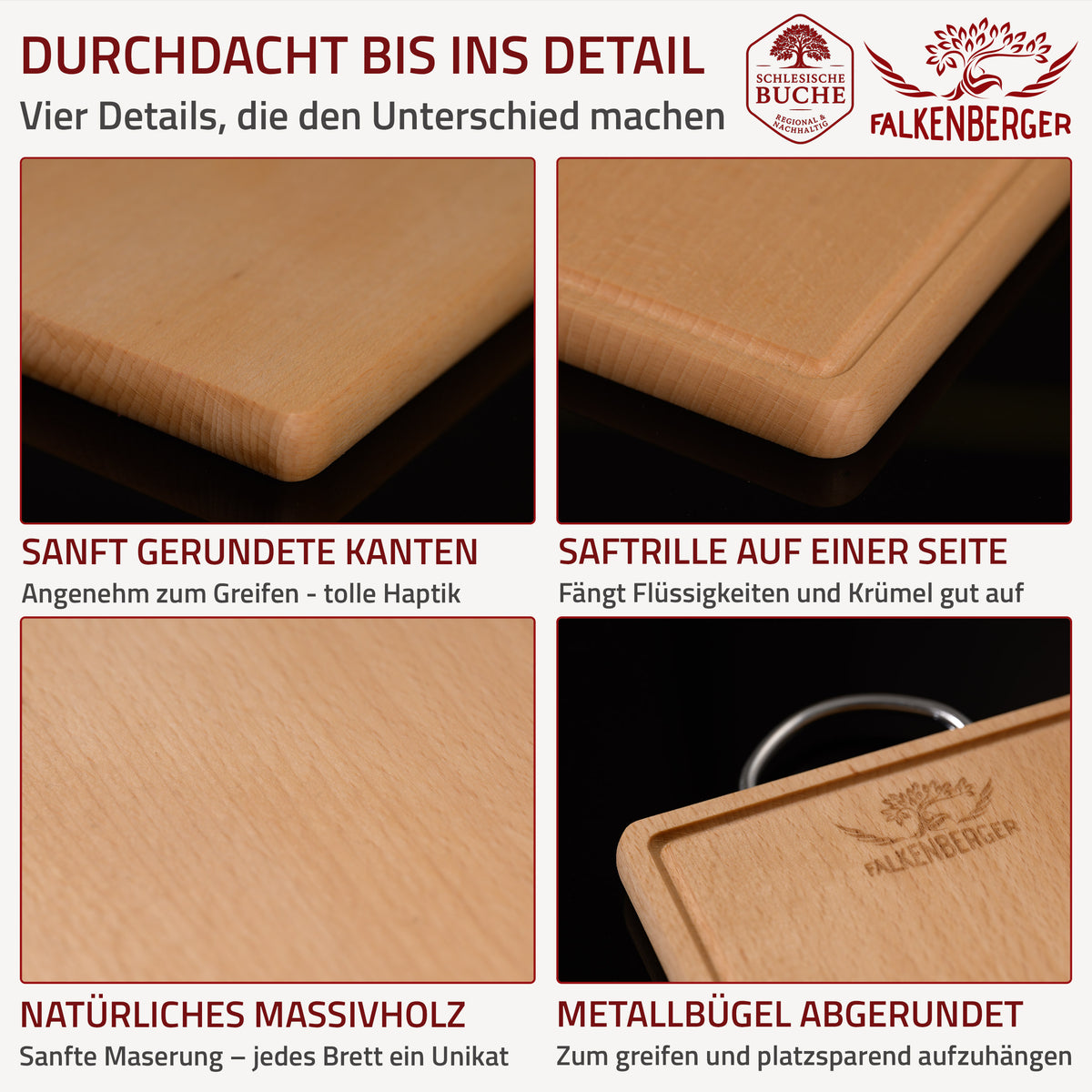 FALKENBERGER Frühstücksbrettchen 6er Set massive Buche, 24 × 14 × 1,6 cm Handgefertigt