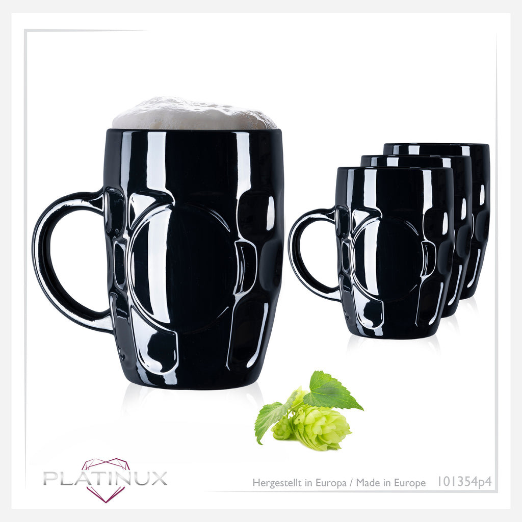 PLATINUX Czarne Szklanki do Piwa 500ml z Uchwytem Zestaw 4 Kupli Szklanych z Wzorem Ornamentowym