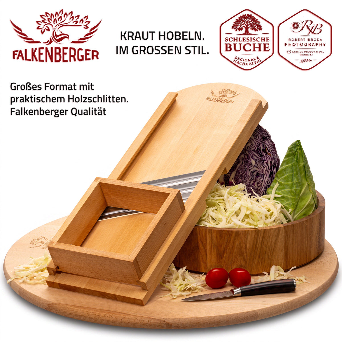 FALKENBERGER Krauthobel L massive Buche, Maße 56 × 19 × 3,5 cm Handgefertigt