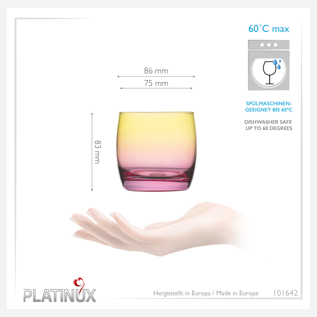 PLATINUX Szklanki Żółto-Różowe, szklane, kolorowe, zestaw 6 sztuk, 200 ml (maks. 320 ml), szklanki na wodę
