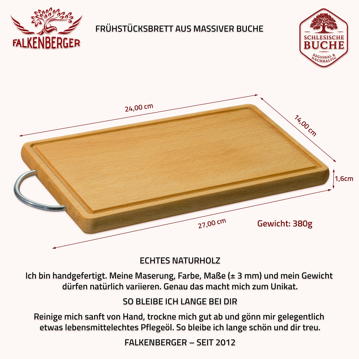 FALKENBERGER Frühstücksbrettchen 6er Set massive Buche, 24 × 14 × 1,6 cm Handgefertigt