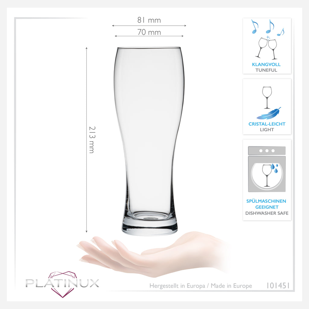 PLATINUX Klasyczne szklanki do piwa 500ml (maks. 660ml) Zestaw 6-częściowy Szklanki do piwa pszenicznego