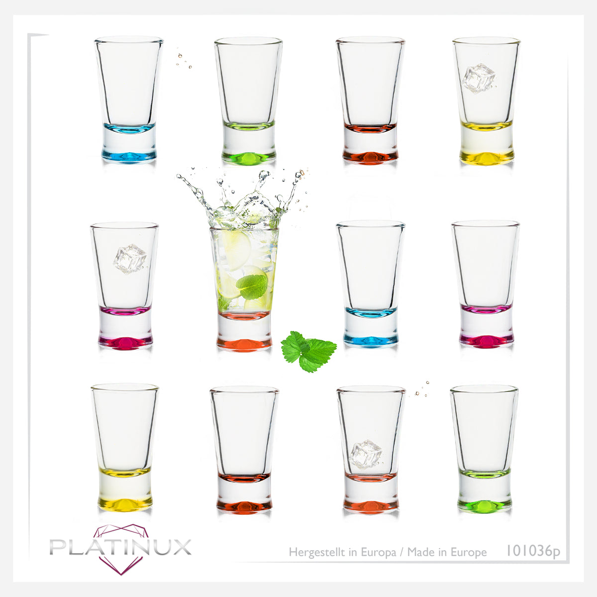 PLATINUX Zestaw 12 kolorowych kieliszków do shotów 2,5cl kieliszki do tequili, kieliszki do wódki, małe kieliszki