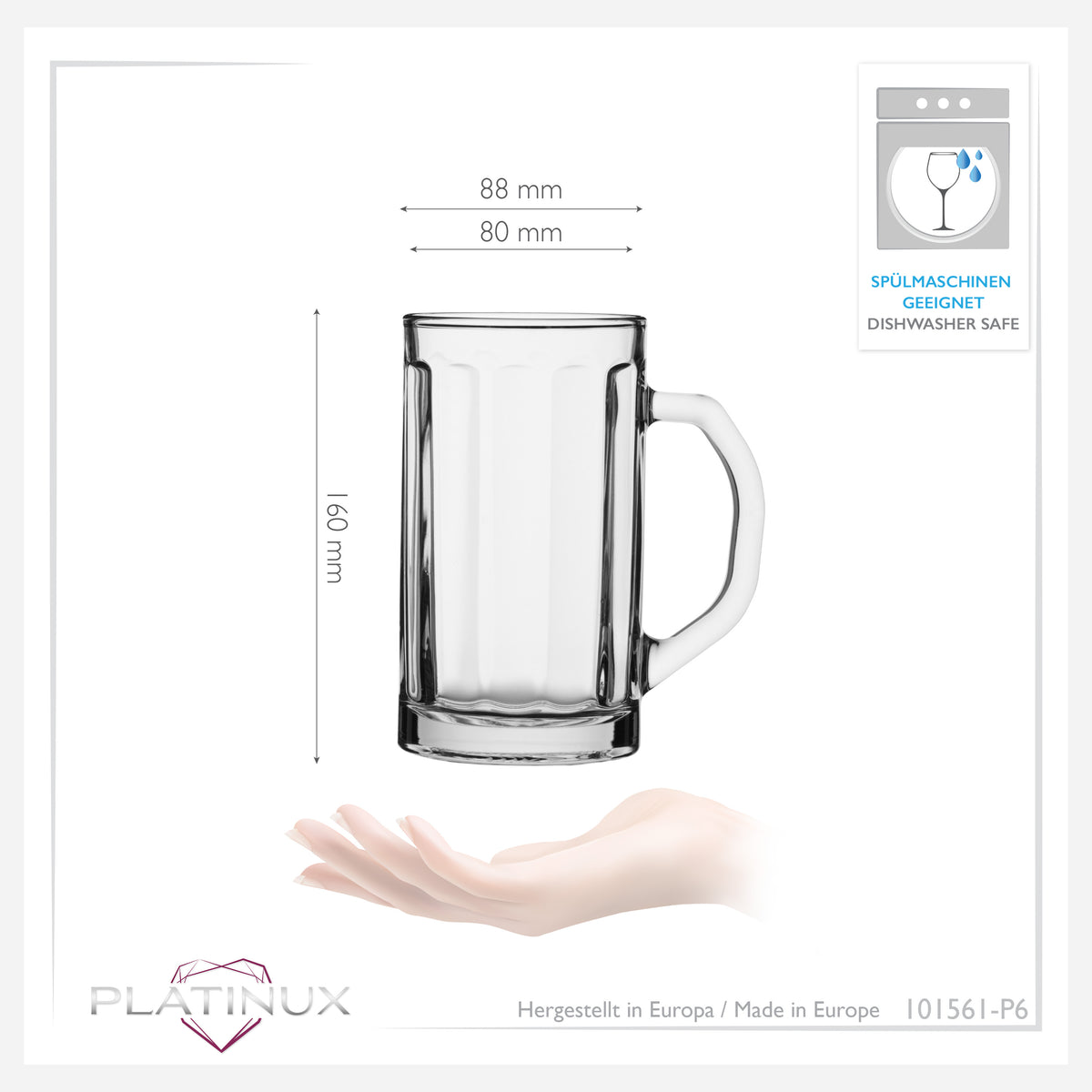 PLATINUX Zestaw 6 kufli do piwa ze szkła z uchem o pojemności 500ml (max. 650ml)