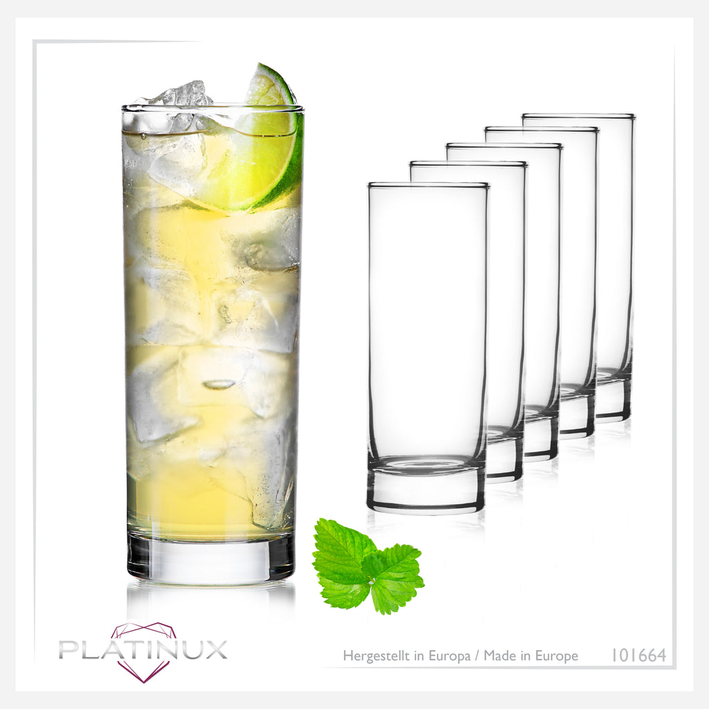 PLATINUX Wysokie szklanki do picia ze szkła 340ml (maks. 350ml) Zestaw 6-częściowy Szklanki do wody Szklanki do soku