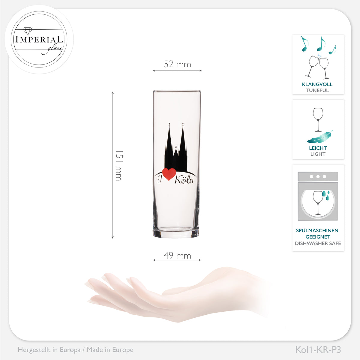 IMPERIAL glass Kölschgläser mit Kölner Dom Motiven Set 3-Teilig 200ml (max. 240ml) Kölschstangen aus Glas