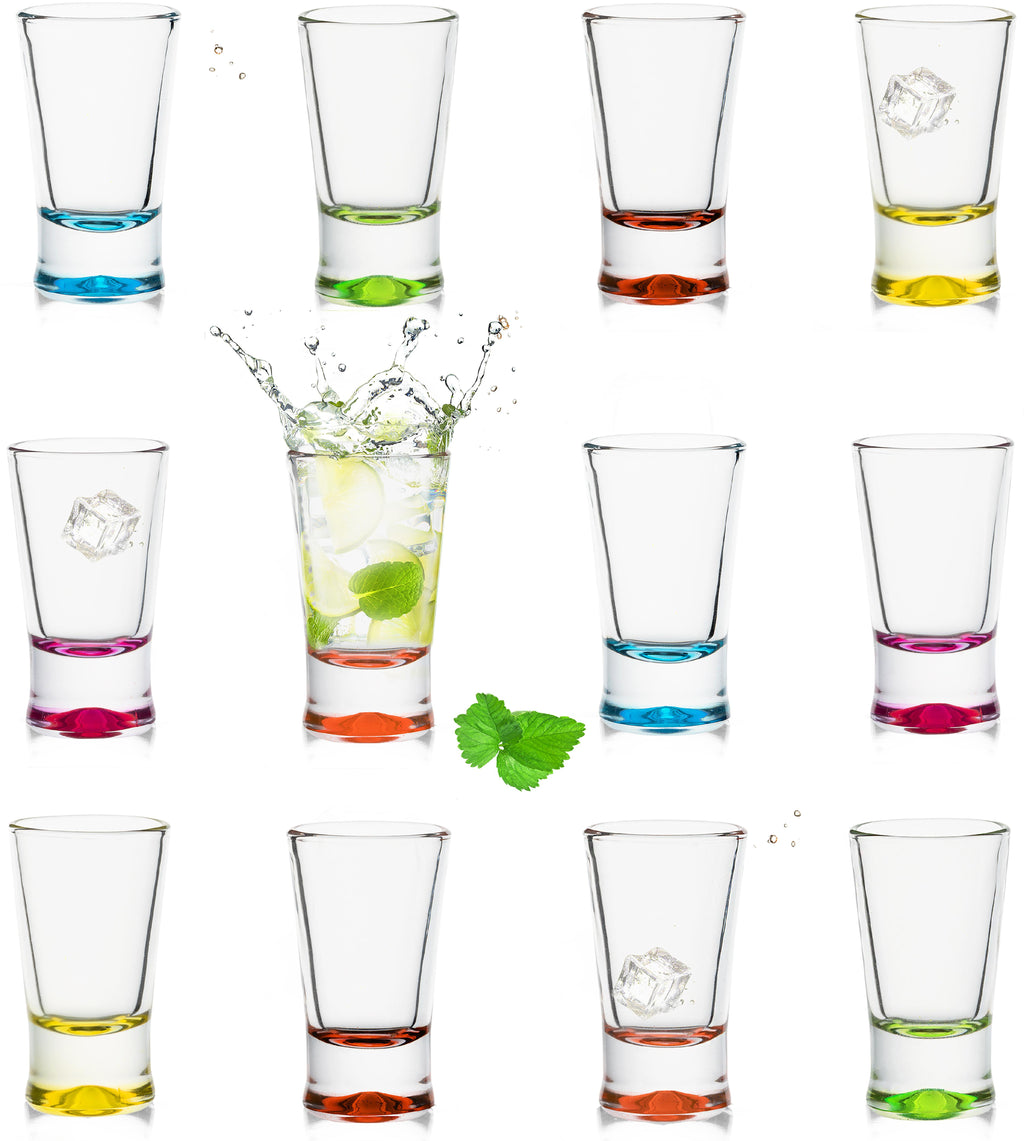 PLATINUX Zestaw 12 kolorowych kieliszków do shotów 2,5cl kieliszki do tequili, kieliszki do wódki, małe kieliszki
