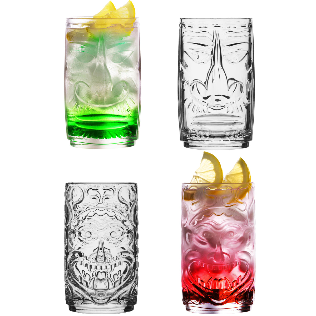 PLATINUX Tiki Zestaw 4 szklanek, szklane 350ml (maks. 450ml) 2 twarze, do koktajli, do napojów