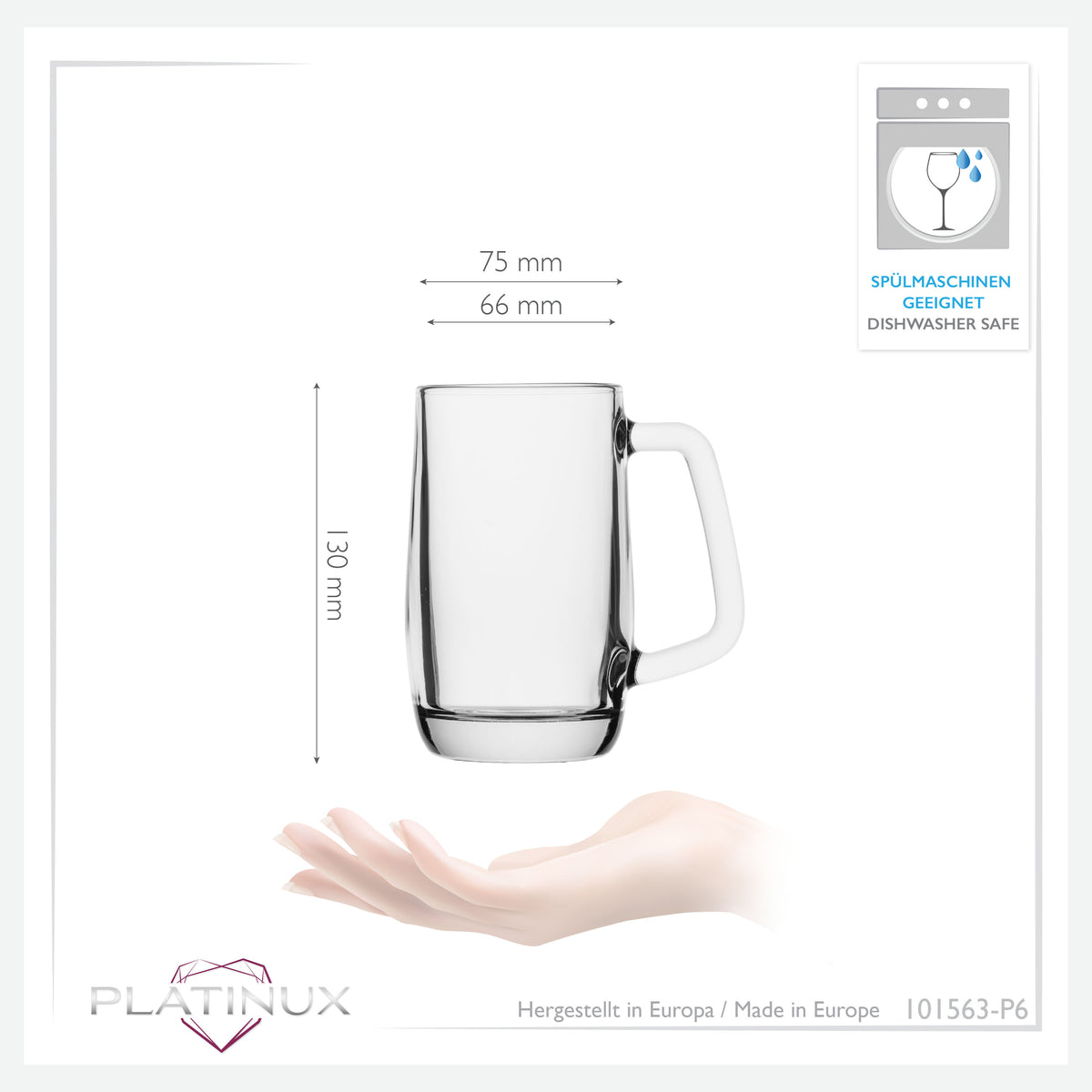 PLATINUX Kufel do piwa z uchwytem Zestaw 6-częściowy 300ml (maks. 375ml) Szklany kufel do piwa