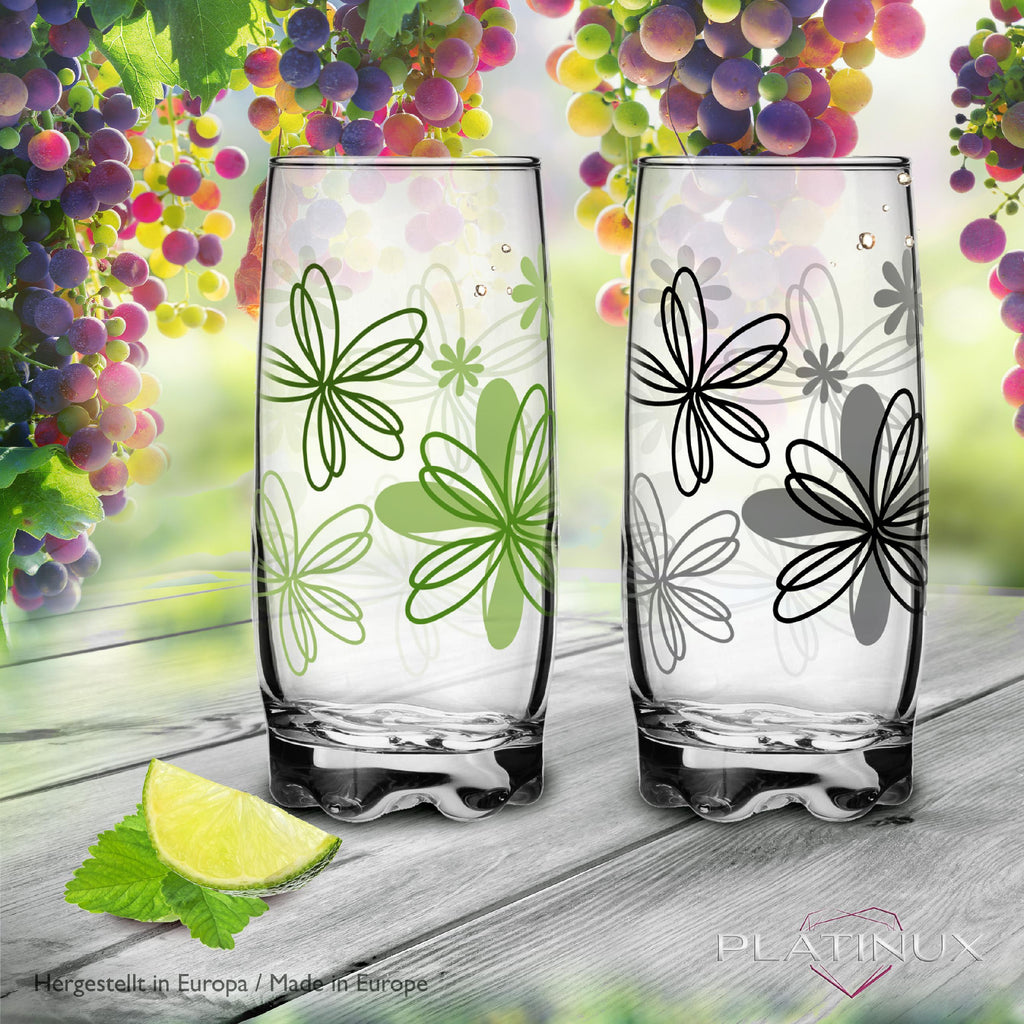 PLATINUX Szklanki z kwiatowym dekorem Zestaw 6-częściowy 350ml (maks.390ml) Szklanki do wody Szklanki do soków z profilowanym dnem