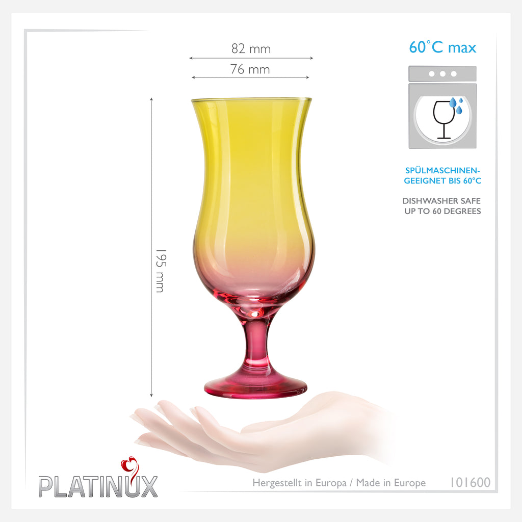 PLATINUX Kieliszki koktajlowe żółto-różowe szklane zestaw 6 sztuk 400ml (max.470ml) Szklanki do long drinków duże