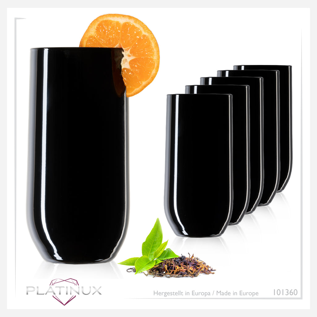 PLATINUX Czarne Eleganckie Szklanki do Napojów 360ml (max. 440ml) Zestaw 6 sztuk Szklanki do Wody, Szklanki do Soków