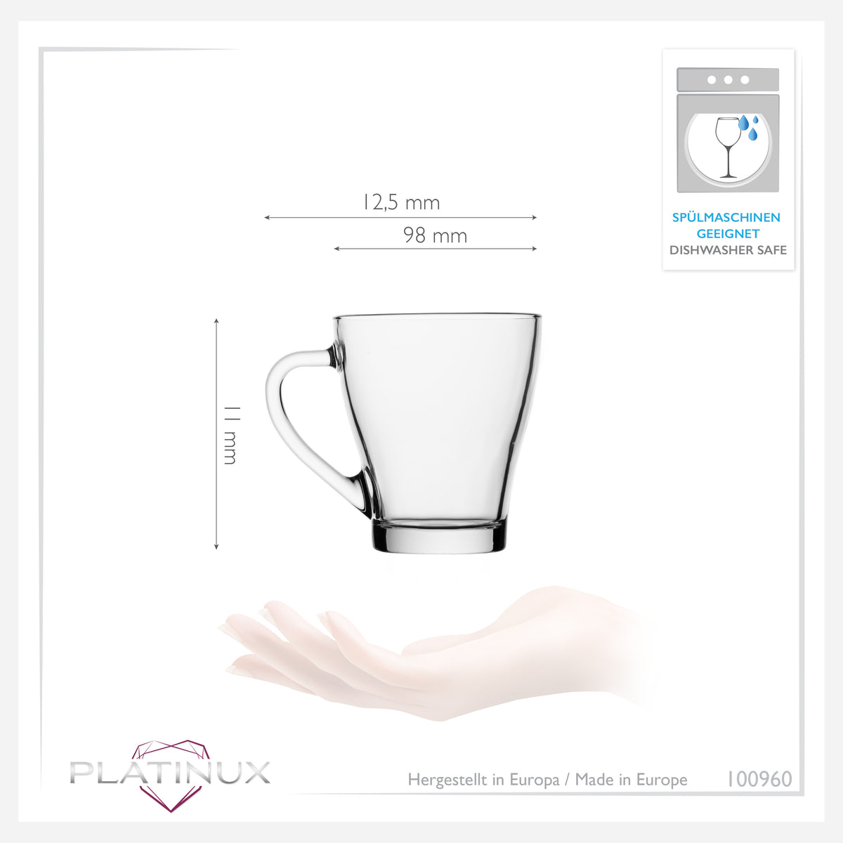 PLATINUX Szklanki do kawy z uchem Zestaw 6-częściowy 320ml (maks. 420ml) ze szkła Szklanka do herbaty
