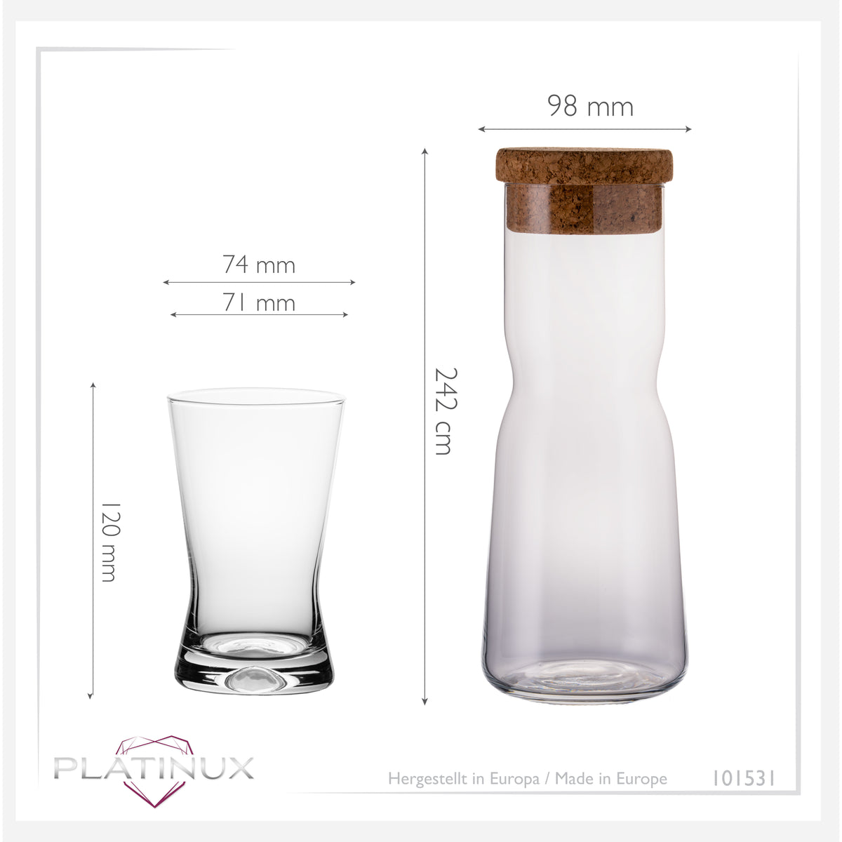 PLATINUX Karafka z korkiem i 6 szklankami w kształcie litery X, 1000 ml / 200 ml ze szkła krystalicznego „CrossLine”, można myć w zmywarce