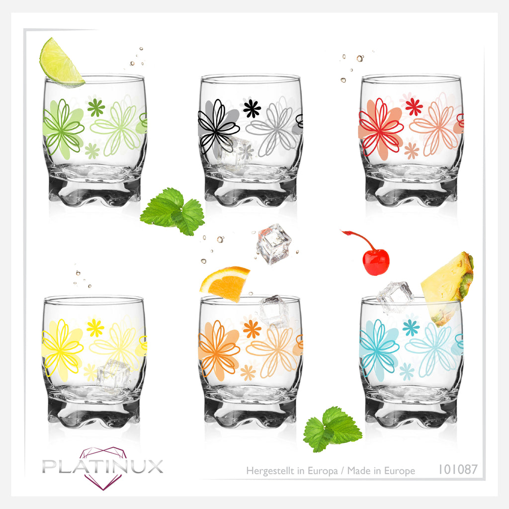 PLATINUX Szklanki z kwiatowym dekorem, zestaw 6 sztuk, 250ml (max. 280ml), szklanki do wody, szklanki do soków z profilowanym dnem