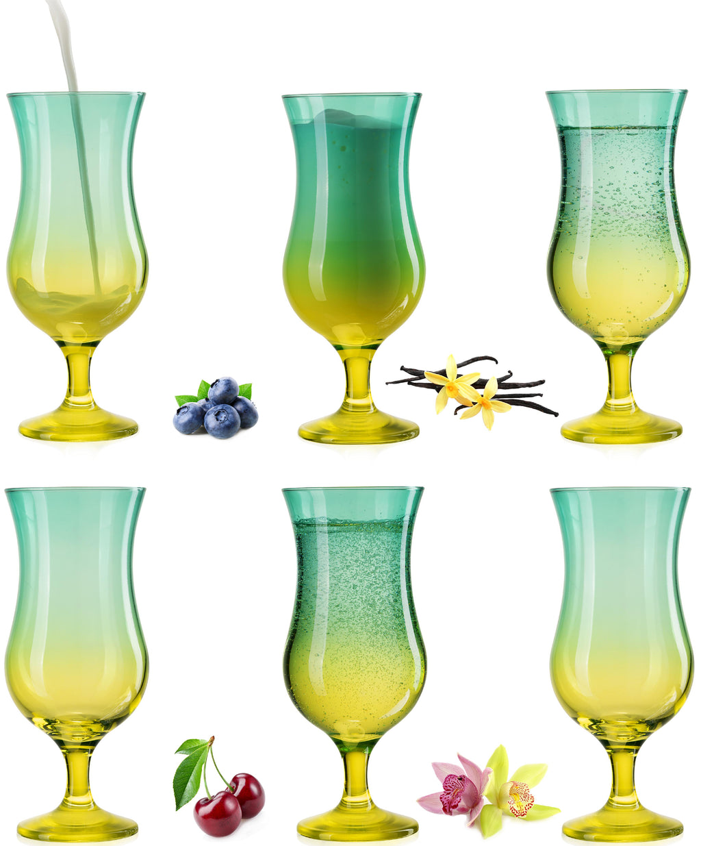 PLATINUX Szklanki koktajlowe zielono-żółte, szklane, zestaw 6 sztuk 400ml (maks. 470ml), duże szklanki do long drinków