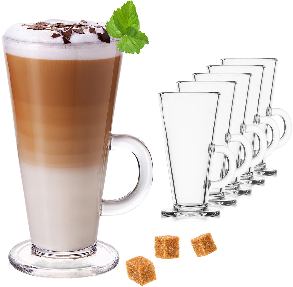 PLATINUX Szklanki do kawy z uchem 270ml Zestaw 6-częściowy ze szkła Szklanki do herbaty Szklanka do kawy mrożonej