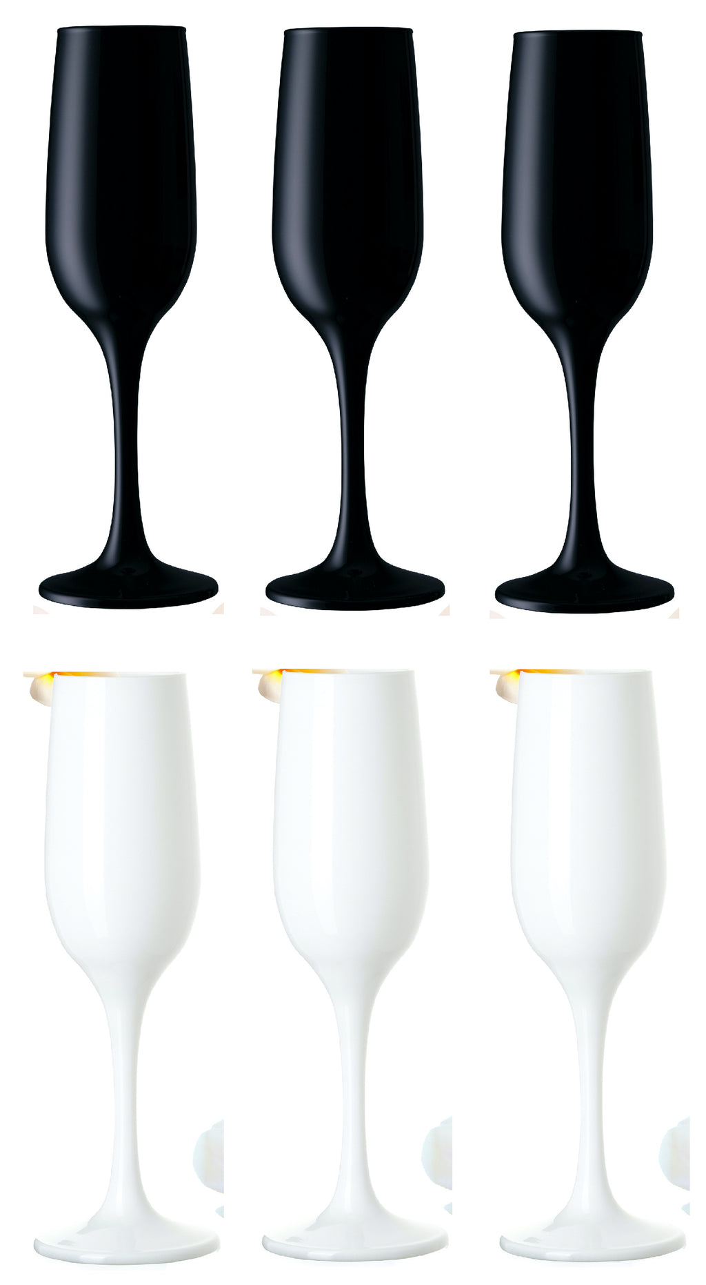 PLATINUX Czarne i Białe stabilne kieliszki do szampana Zestaw 6-częściowy 160ml (maks. 210ml) Szklanki do Prosecco ze szkła