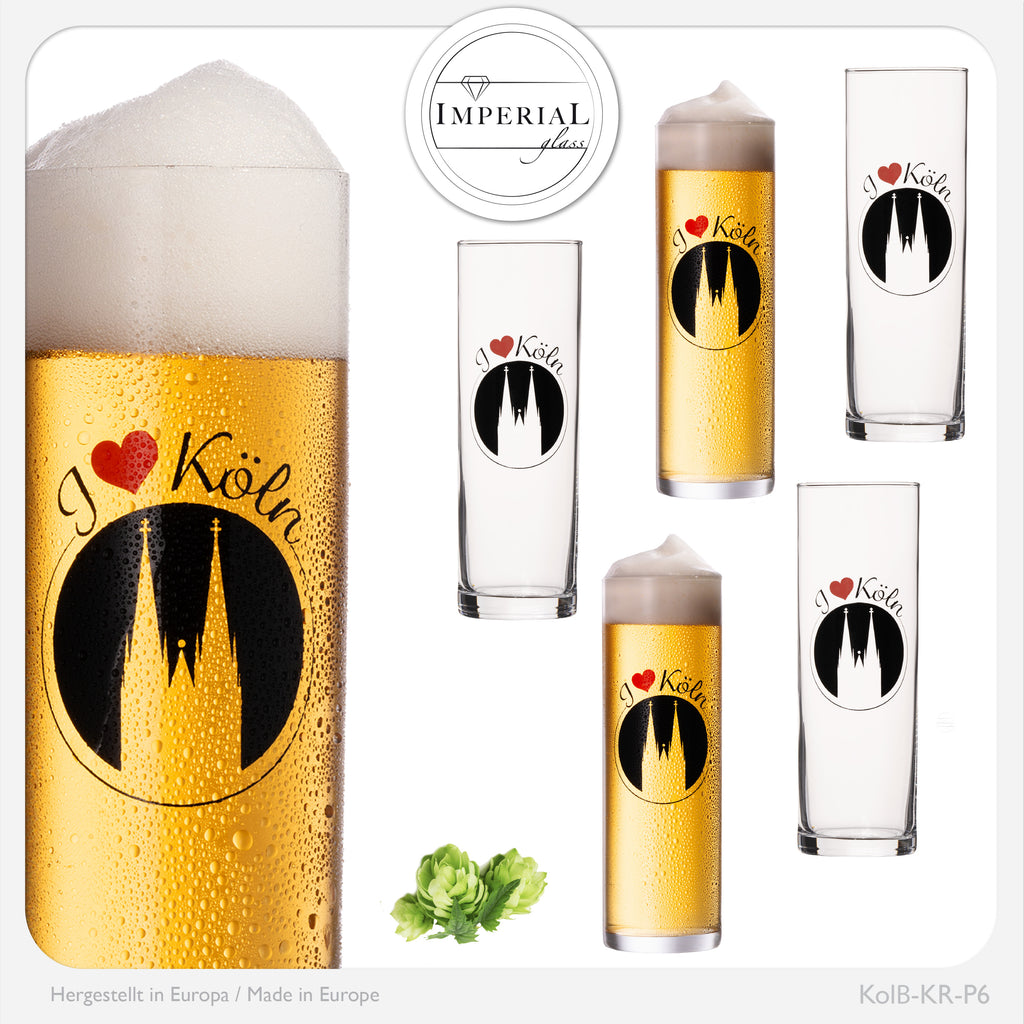 IMPERIAL glass Kölschgläser mit Kölner Dom Liebe Motiv 200ml (max 240ml) Set 6-Teilig Kölsch Stangen aus Glas 0,2L