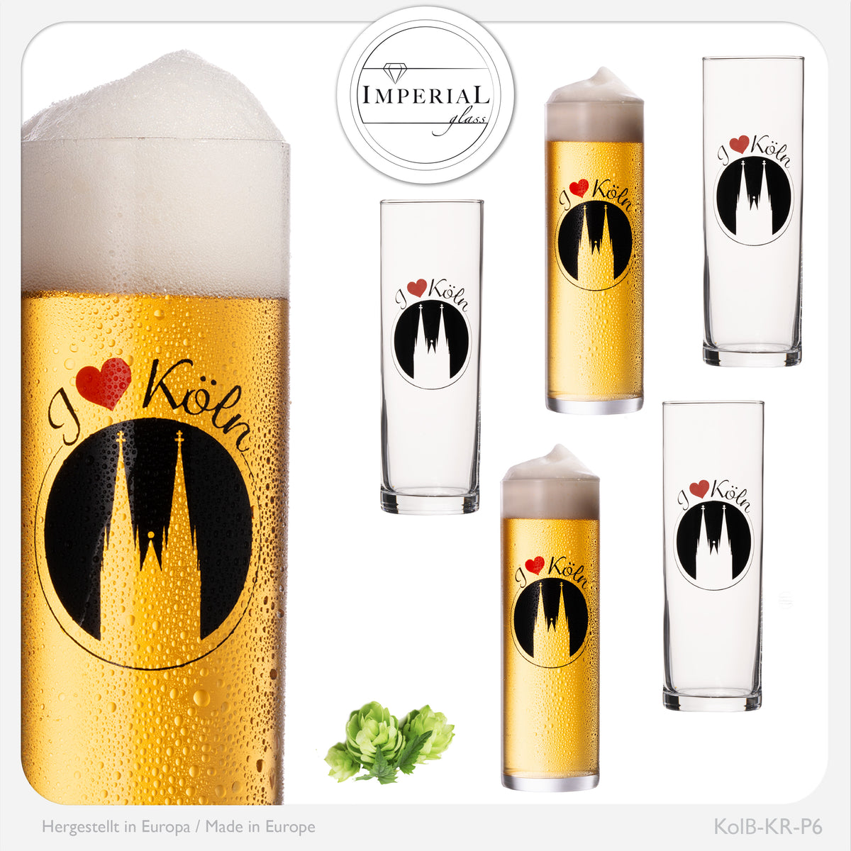 IMPERIAL glass Kölschgläser mit Kölner Dom Liebe Motiv 200ml (max 240ml) Set 6-Teilig Kölsch Stangen aus Glas 0,2L