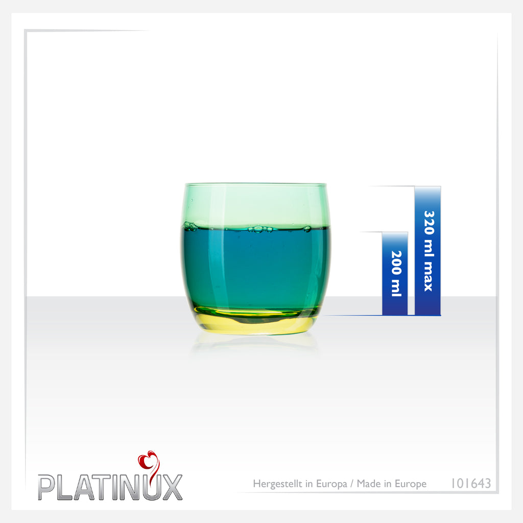 PLATINUX Szklanki do picia zielono-żółte, szklane, kolorowe, zestaw 6 sztuk 200ml (maks. 320ml), szklanki na wodę