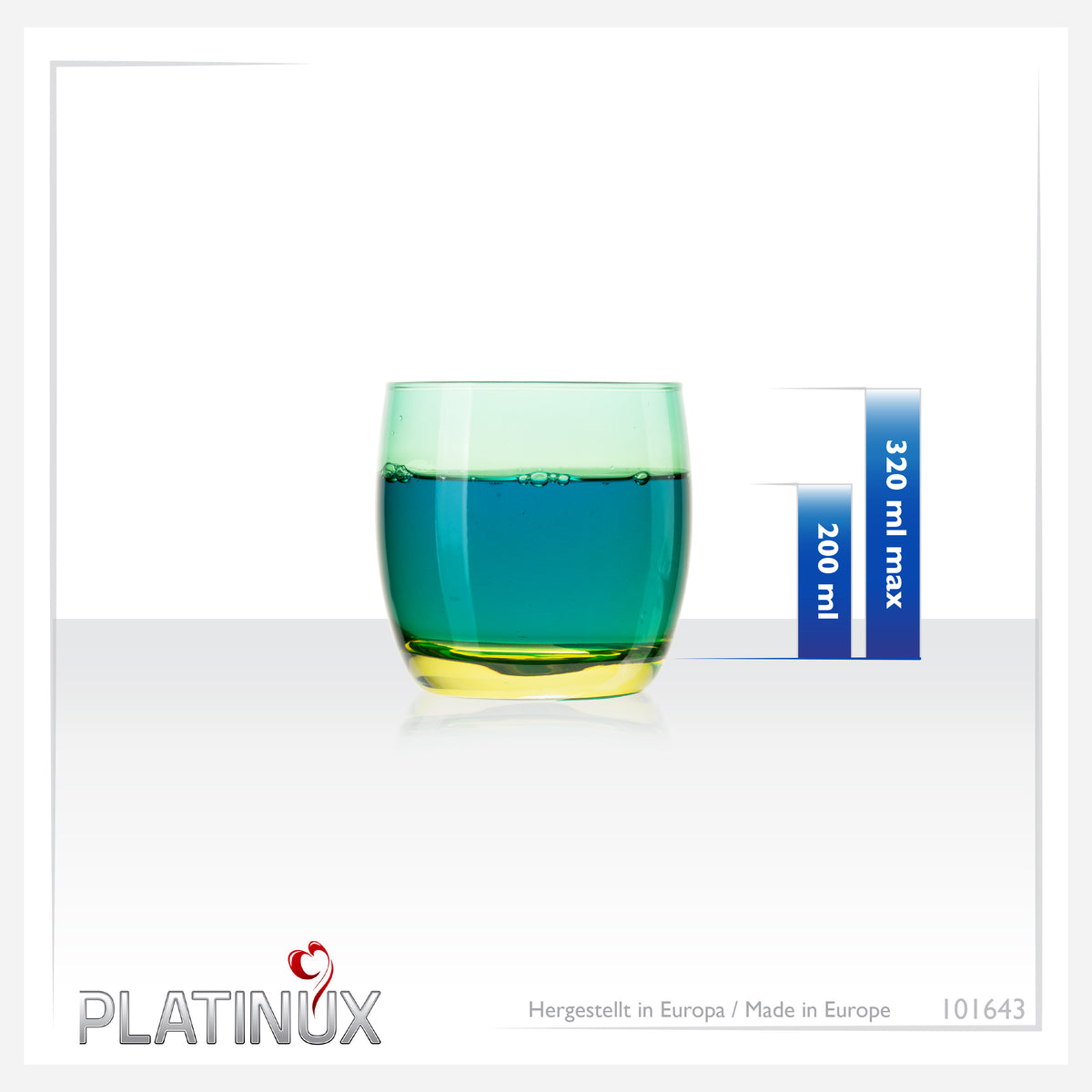 PLATINUX Szklanki do picia zielono-żółte, szklane, kolorowe, zestaw 6 sztuk 200ml (maks. 320ml), szklanki na wodę