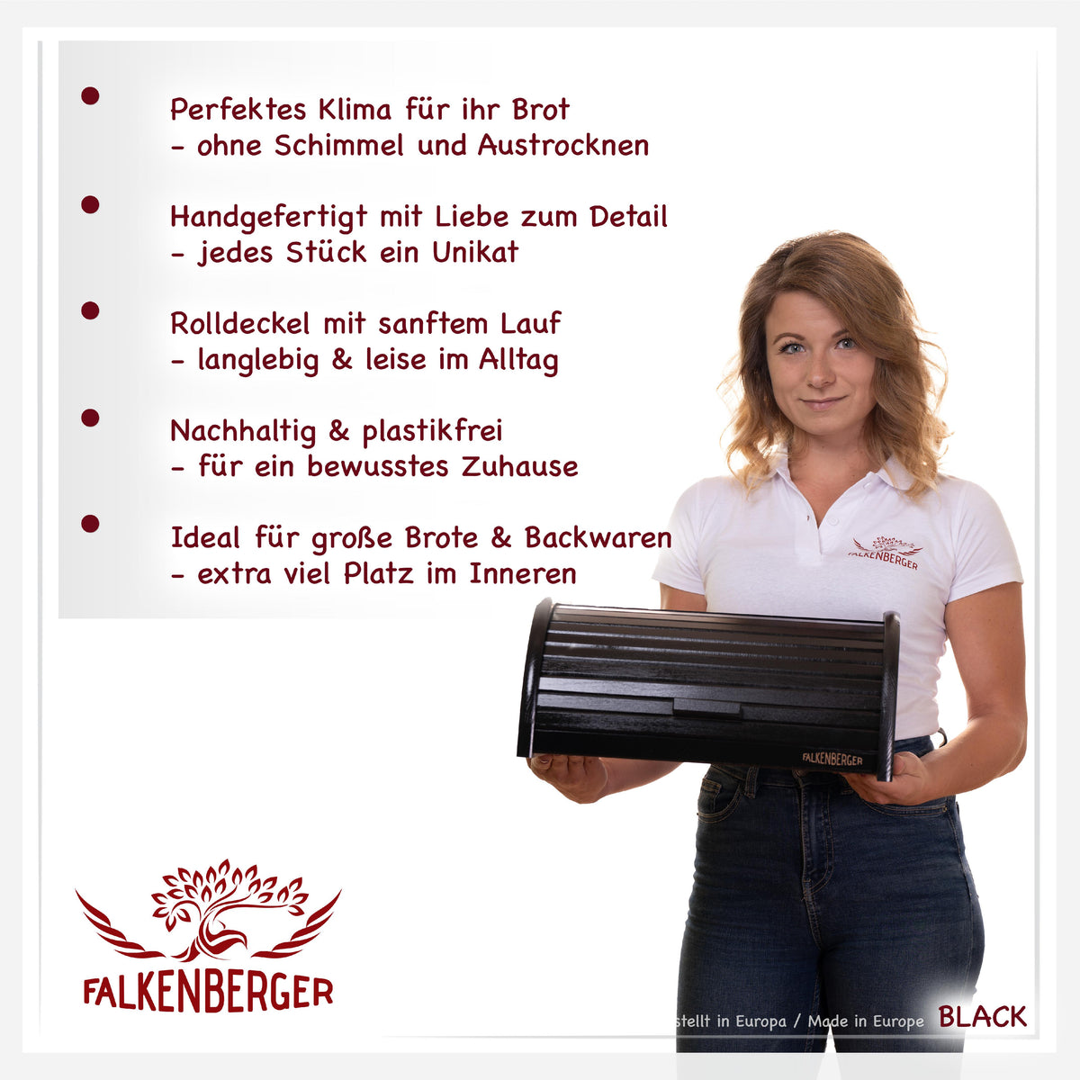 FALKENBERGER Chlebak drewniany czarny ok. 39x29x18cm Pojemnik na chleb z rolowaną pokrywą Ręcznie wykonany