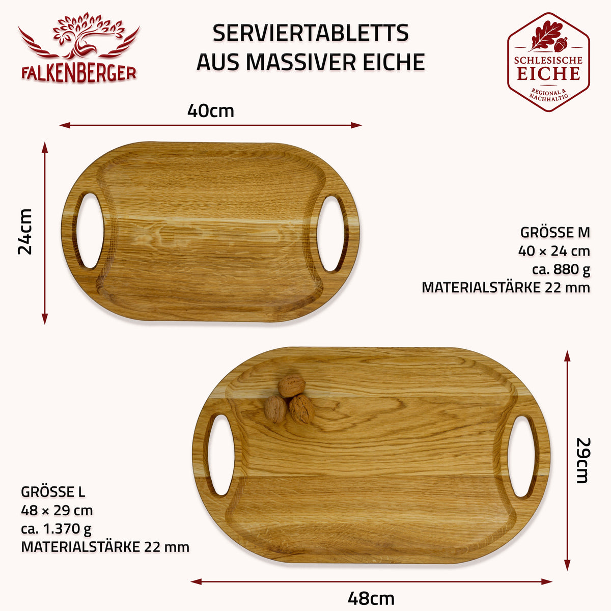 FALKENBERGER Serviertablett 2er Set massive Eiche M 40×24 + L 48×29 Handgefertigt