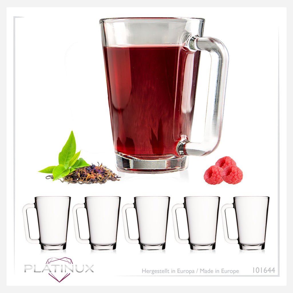 PLATINUX Szklanki do herbaty ze szkła z uchem Szklanki do kawy 220ml (maks. 280ml) Zestaw 6-częściowy