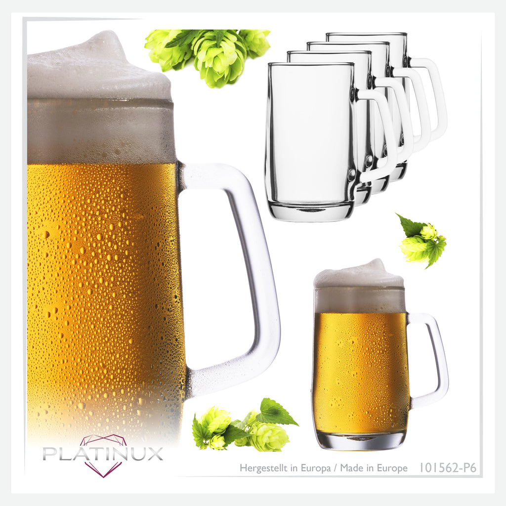PLATINUX kufel do piwa z uchem, zestaw 6-częściowy, 500 ml (maks. 580 ml), szklany