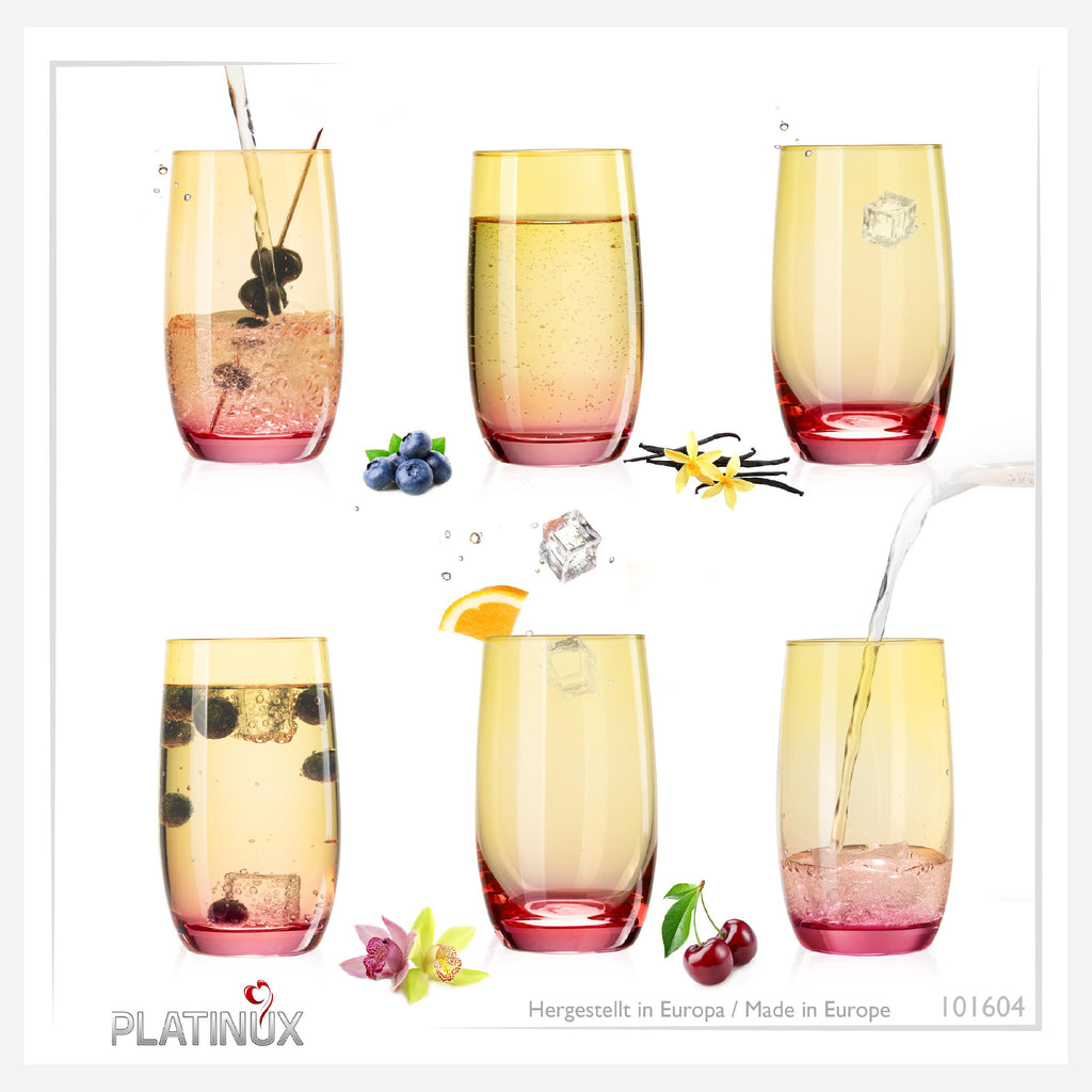 PLATINUX Szklanki Żółto-Różowe Szklane Kolorowe Zestaw 6 sztuk 300ml (max.370ml) Szklanki do wody