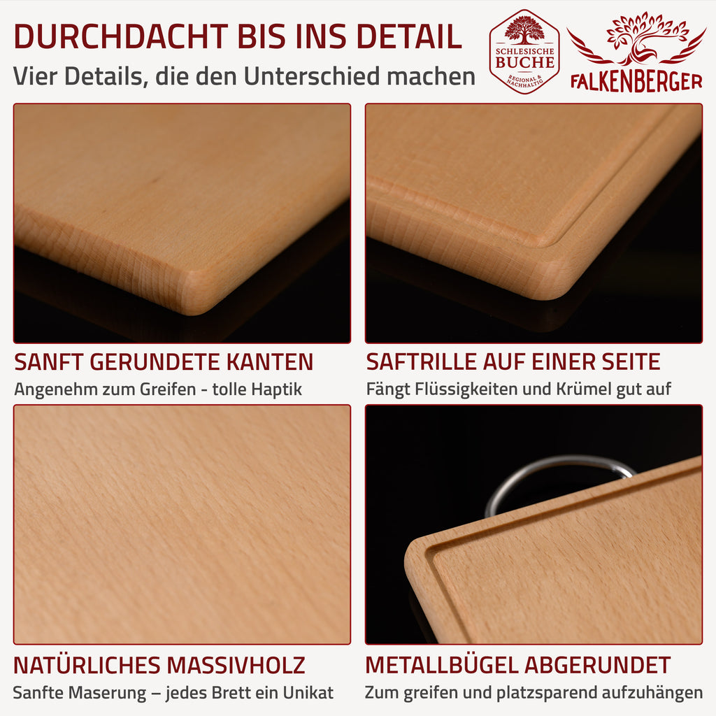 FALKENBERGER Frühstücksbrettchen 2er Set massive Buche, 24 × 14 × 1,6 cm Handgefertigt