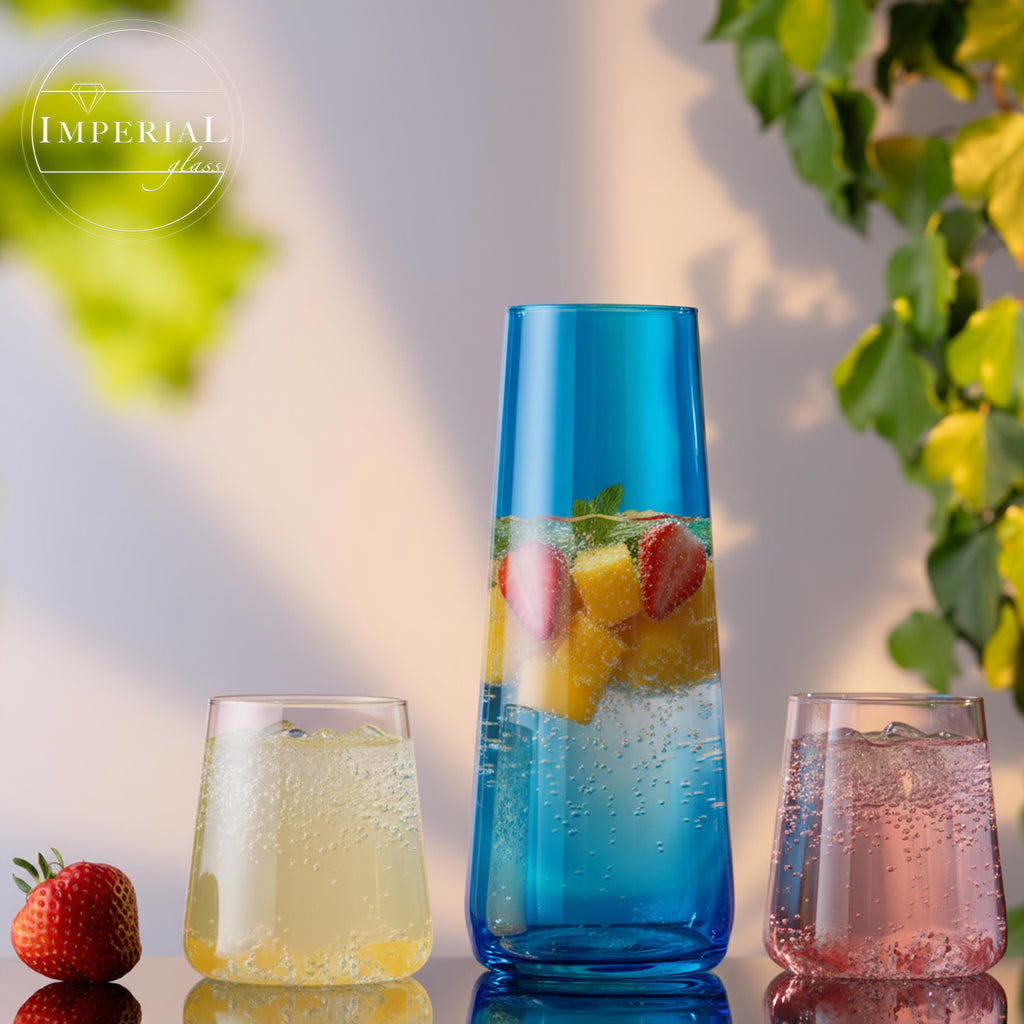 IMPERIAL glass Blaue Wasserkaraffe Set mit 4 farbigen Trinkgläsern aus Crystalline Glas 5-teilig