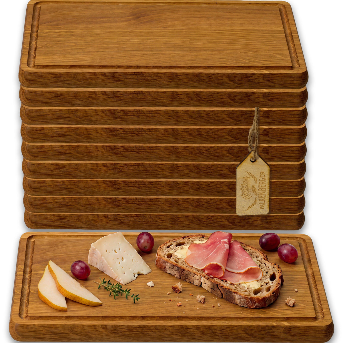 FALKENBERGER Frühstücksbrettchen 10er Set massive Eiche, 24 × 14 × 1,6 cm Handgefertigt
