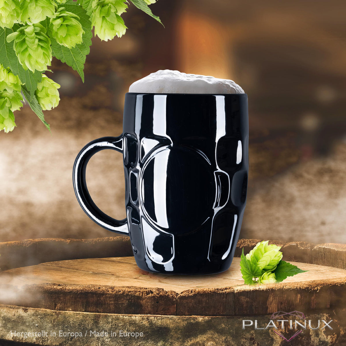 PLATINUX Czarne Szklanki do Piwa 500ml z Uchwytem Zestaw 6 Szklanych Kufli z Ornamentem