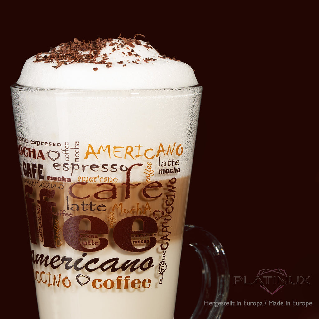 PLATINUM Szklanki do kawy z motywem maks. 280ml zestaw 6 sztuk szklanych szklanek do Latte Macchiato z uchwytem szklanki do Cappuccino