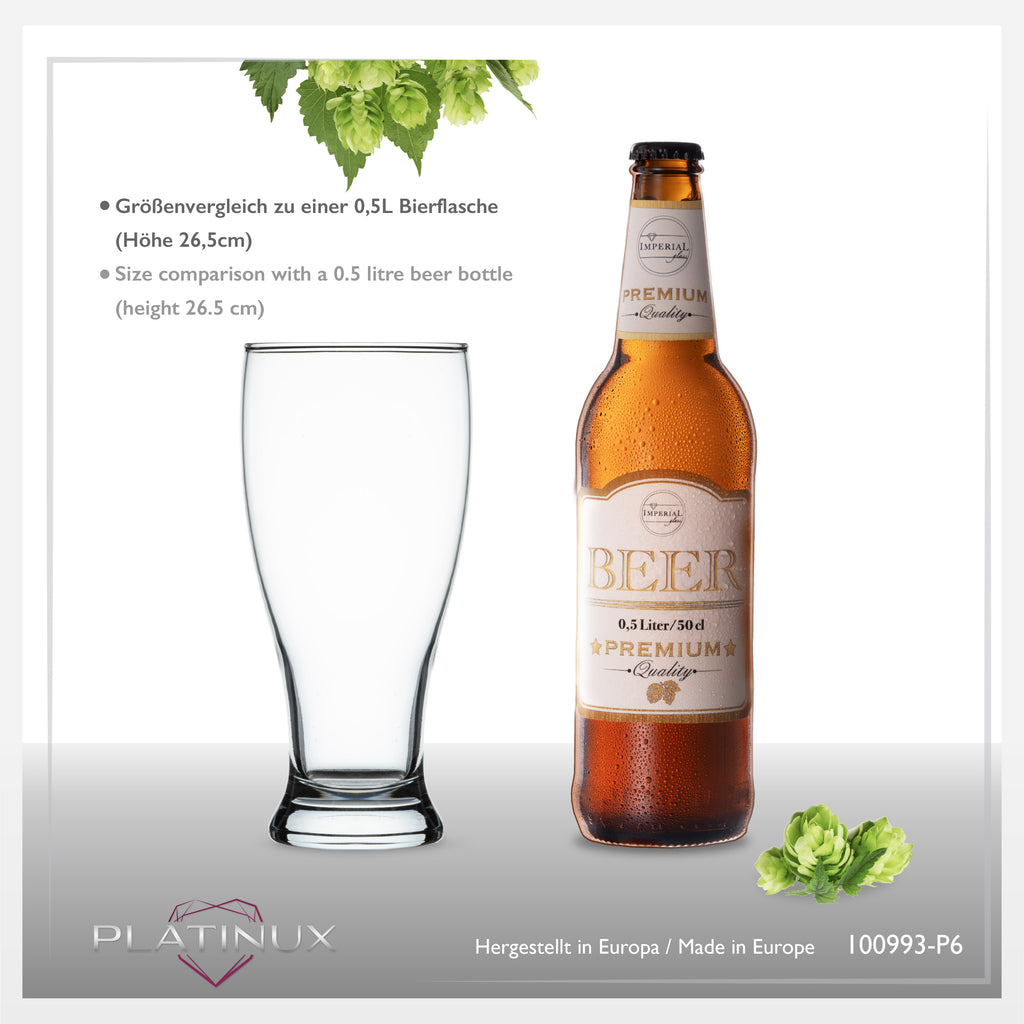 PLATINUX Zestaw 6 szklanek do piwa 500ml (maks. 565ml) Szklanki do piwa z uchem Kufle do piwa Szklanki do pszenicznego piwa Wysokie szklanki do piwa