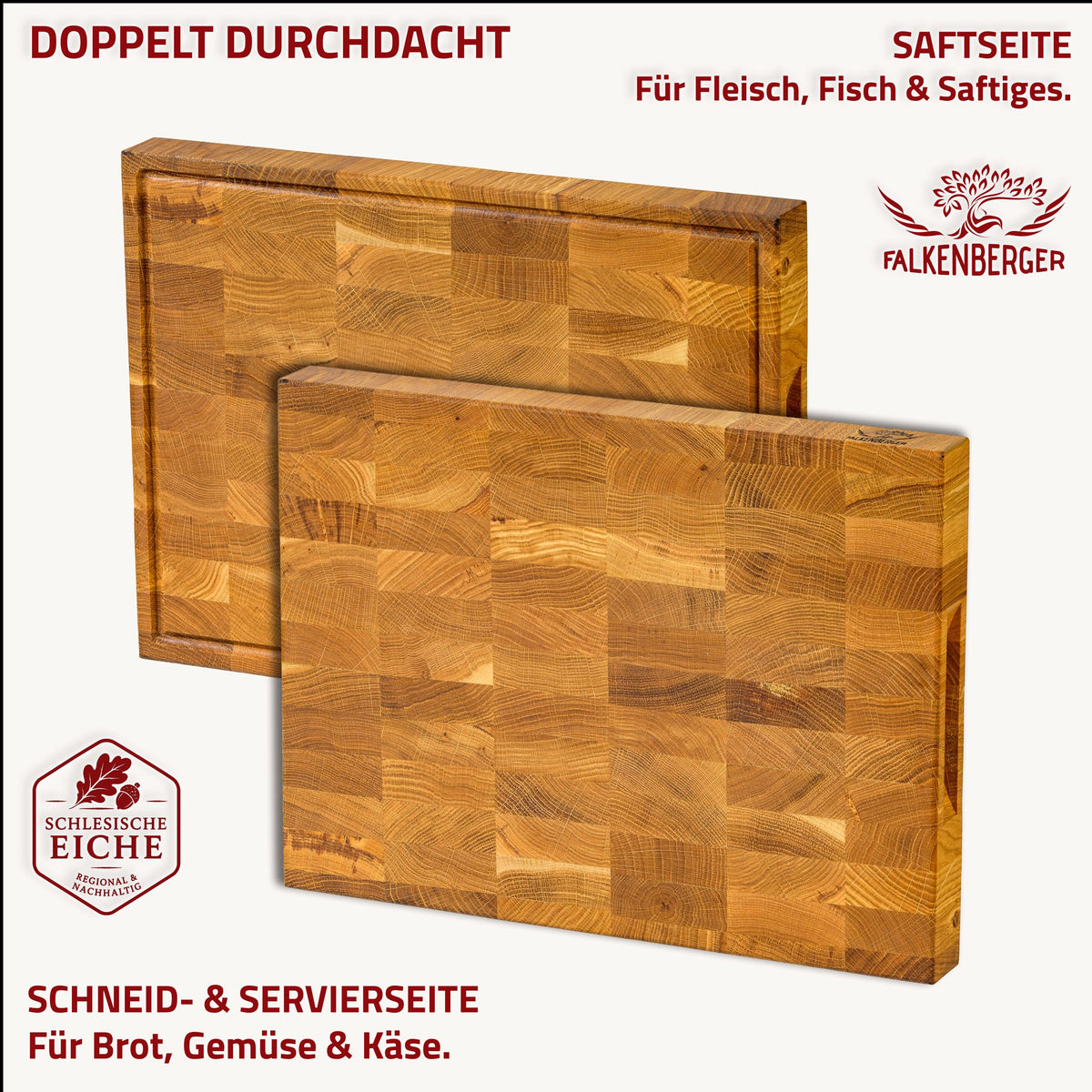 FALKENBERGER Stirnholz Schneidebrett aus massiver Eiche 40 × 30 × 4 cm L Handgefertigt