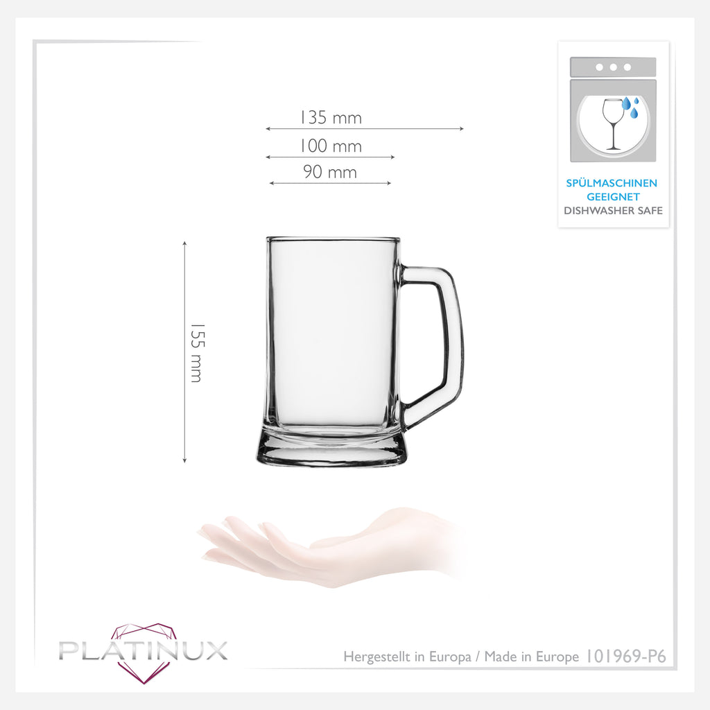 PLATINUX Kufel do piwa z uchem 0,5 litra Zestaw 6 sztuk Kufle szklanki do piwa Kufel do piwa