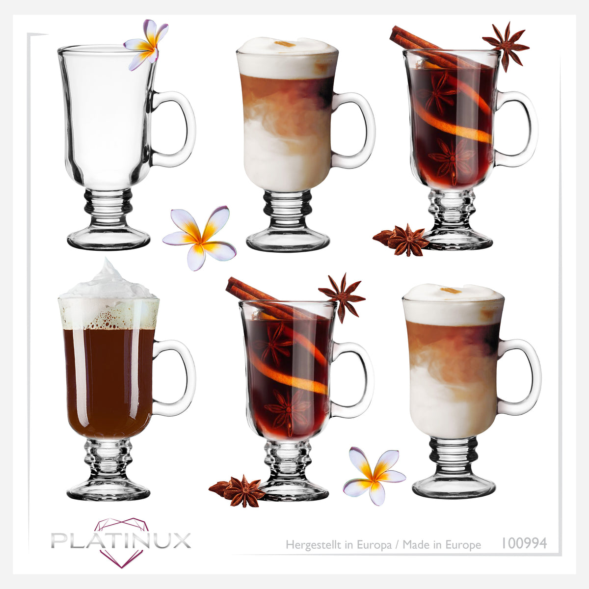PLATINUX Zestaw szklanek do Irish Coffee z uchem 230ml (6 części) Szklanki do kawy kakao