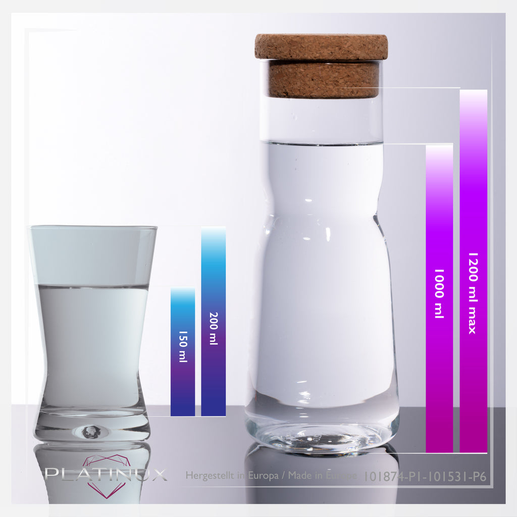 PLATINUX Karafka z korkiem i 6 szklankami w kształcie litery X, 1000 ml / 200 ml ze szkła krystalicznego „CrossLine”, można myć w zmywarce