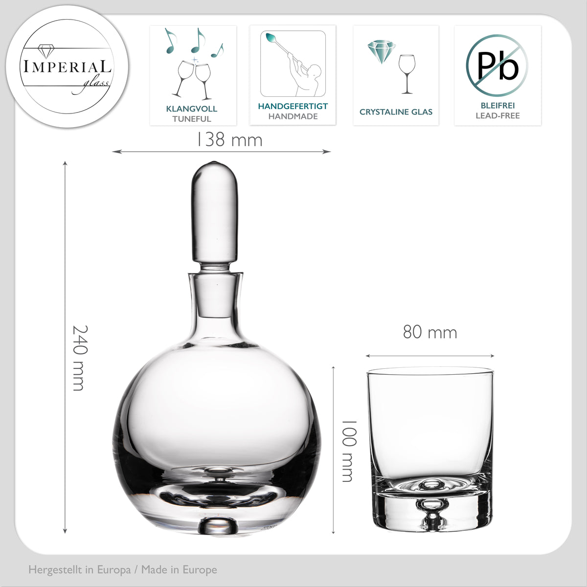 Karafka do whisky IMPERIAL ze szklanym korkiem i 6 szklankami do whisky. Ręcznie wykonany zestaw ze szkła krystalicznego z bąbelkami powietrza w dnie „Lizbona”