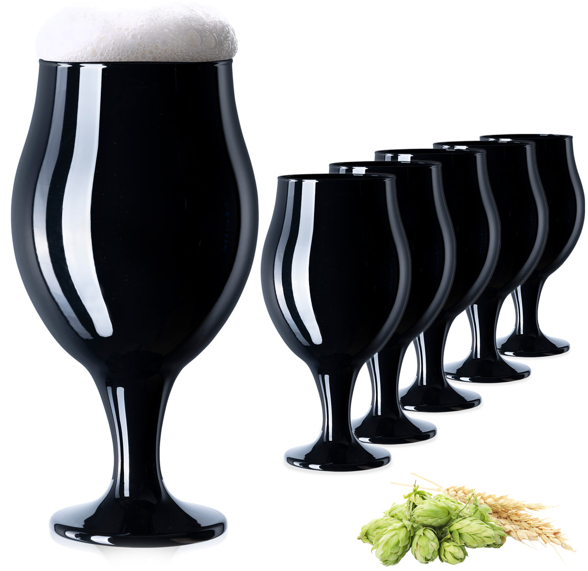 PLATINUX Czarne szklanki do piwa w kształcie tulipana, zestaw 6 sztuk, 450 ml (maks. 550 ml), szklane