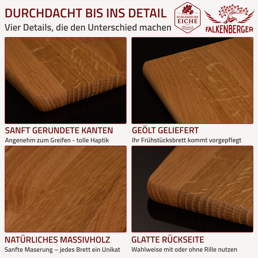 FALKENBERGER Frühstücksbrettchen 10er Set massive Eiche, 24 × 14 × 1,6 cm Handgefertigt