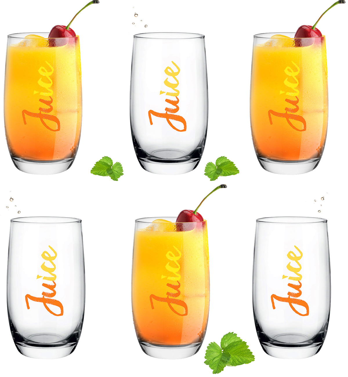 PLATINUX Eleganckie wysokie szklanki z nadrukiem soku 320ml (max. 380ml) Zestaw 6-częściowy szklany